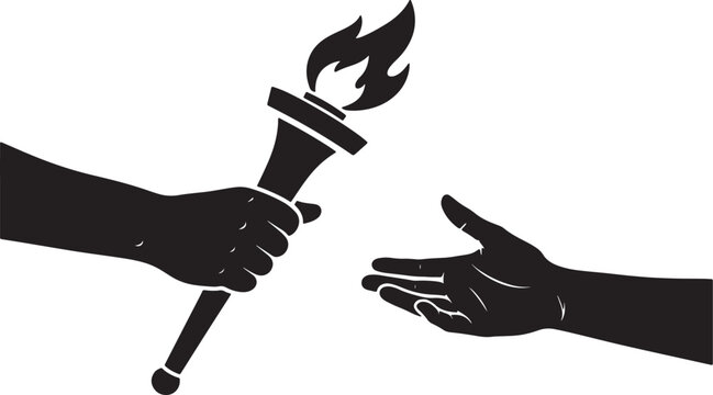 Silhouette of a hand passing a lit olympic torch to another hand also transparent background, flame