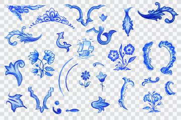Plakat Collection of isolated vectorized blue watercolor azulejo elements inspired by Portuguese tiles. Includes floral, decorative, and vintage baroque ornaments for elegant designs, patterns, and backgroun
