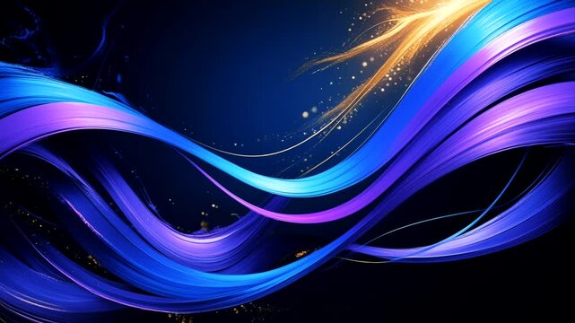 A dynamic and futuristic abstract background. The composition is dominated by flowing, curved lines, resembling ribbons of light or digital brushstrokes in shades of electric blue, purple, and magenta