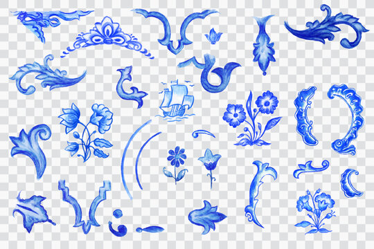 Collection of isolated vectorized blue watercolor azulejo elements inspired by Portuguese tiles. Includes floral, decorative, and vintage baroque ornaments for elegant designs, patterns, and backgroun