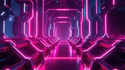 Fototapeta premium Futuristic corridor glows with vibrant neon lights. Geometric shapes create depth, leading eyes toward distant purple source. Dark ambiance dominates.