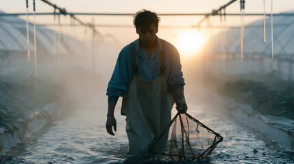 Fototapeta premium Solitary male aquaponics farm owner wading through shallow fish tank corridor at sunrise, net in hand checking tilapia population density, humid fog clinging to greenhouse panels, dripping pipes fra