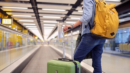 Traveler with backpack and green luggage moving along a long airport walkway, representing themes of global travel, business trips, and vacation departures © DawDunia