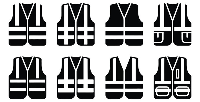 Safety vest icon set with 8 black vector elements, reflective high-visibility workwear symbols, industrial protective clothing and construction uniform graphics, clean modern PPE illustration 