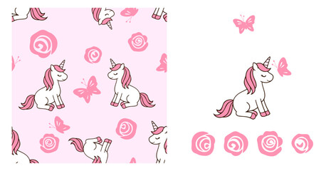 Cute unicorn butterfly and rose seamless pattern pastel pink fantasy background design. © Thanawat