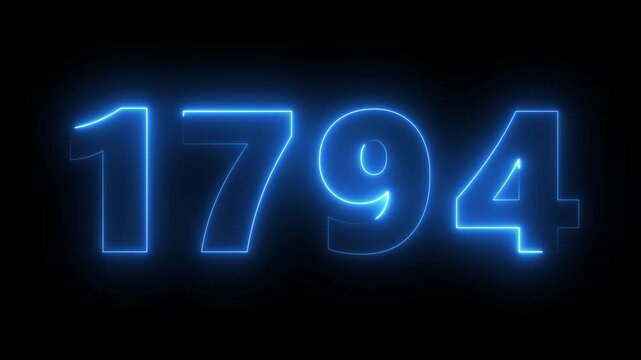 Glowing neon blue number 1794 animation on black background