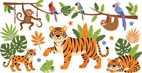 Obraz premium Jungle animal illustrations with monkey, sloth, leopard, tiger, frog, and tropical plant vector design concepts