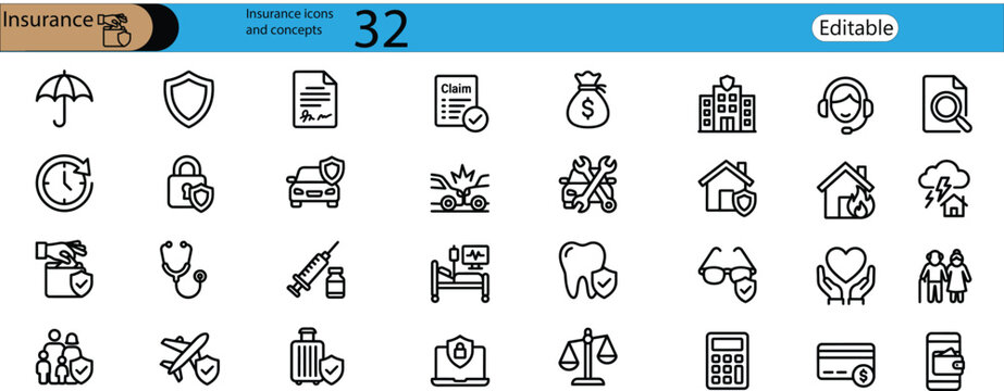 Collection of 32 editable insurance icons and concepts