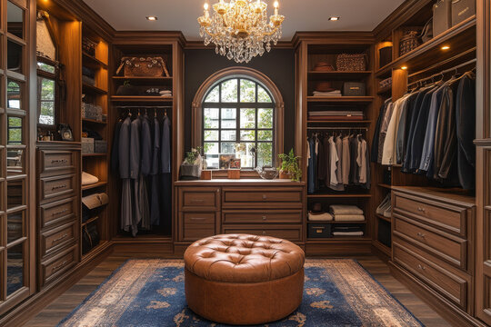 Chandeliers hanging in a walk-in closet.