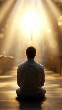 Man kneeling alone in quiet church aisle with sunlight streaming down in spiritual atmosphere of prayer, reflection, inner peace, and connection to faith