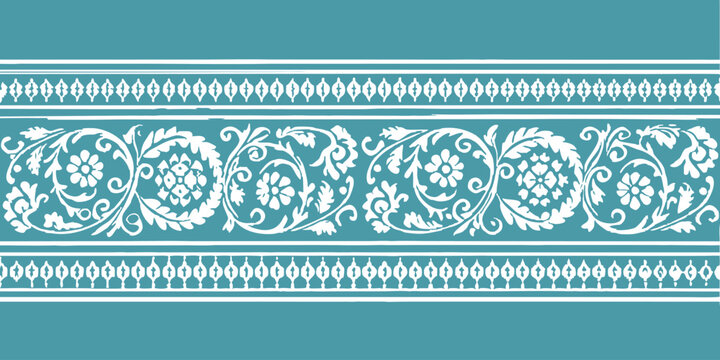 Intricate white floral ornamental border pattern with decorative leaf accents
