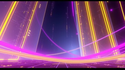 Fototapeta premium Futuristic digital landscape. Glowing lines create abstract architecture, vibrant purple, orange hues dominate dark background. Minimalist design.