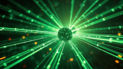 Fototapeta premium Bright sphere radiates energy outward. Lines extend, creating tunnel effect. Green dominates, with orange accents. Futuristic, digital aesthetic.
