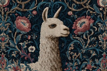 Naklejka premium Charming Llama Portrait with Intricate Floral Tapestry Background Art