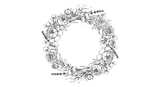 Elegant Floral Wreath Illustration with Delicate Flowers and Leaves.