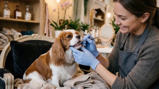 Woman veterinarian performing dental cleaning for cavalier king charles spaniel. Pet groomer checking teeth and oral hygiene of dog in grooming salon office.