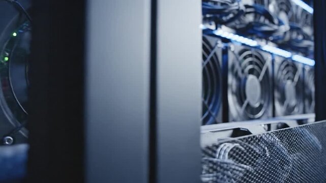 Close-up of Cryptocurrency Mining Rigs with Cooling Fans.