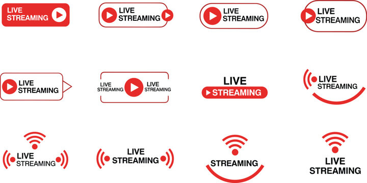 Live Streaming Button and Icon Set with Red Play Video Symbols and Wireless Signal Waves for Online Broadcasting Media