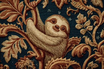 Fototapeta premium Charming Embroidered Sloth Adorned with Ornate Floral Tapestry Design