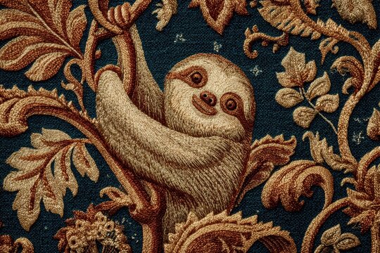 Charming Embroidered Sloth Adorned with Ornate Floral Tapestry Design
