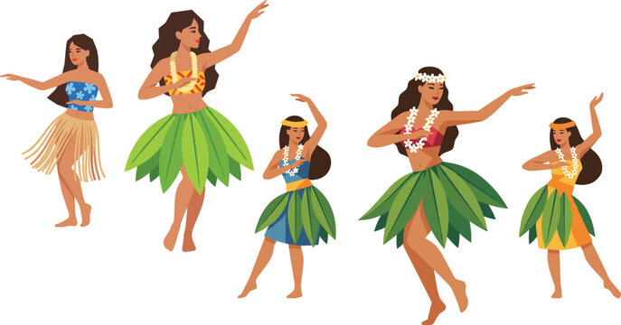 Flat design vector illustration of hula dancers in traditional costumes for tropical travel and cultural promotion