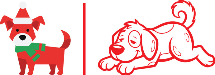 Christmas dog vector icon set with a puppy in a Santa hat and a playful dog outline. Symbolizing holiday greetings and festive pets © Nur