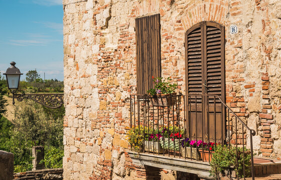 Italian window and door details of medieval house in Chianti, Tuscany, Italy