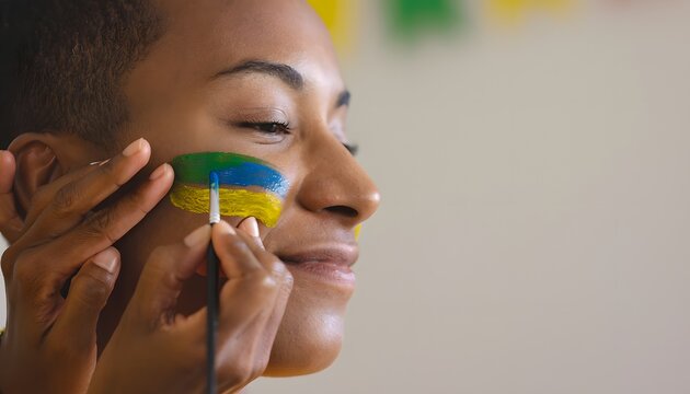 Persona aplicando pintura facial con los colores de Brasil en la mejilla sobre fondo desenfocado