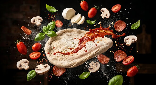 Captivating explosion of fresh pizza ingredients vibrant tomatoes, aromatic basil, savory mushrooms, pepperoni, dynamically suspended around raw dough