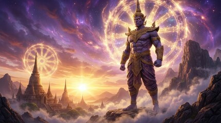 Fototapeta premium Mythical Giant Asura Mythical Thai Giant Asura, a cosmic Yaksha guardian of Buddhism, stands before a celestial Dharmachakra wheel over ancient temples in a fantasy landscape Cosmic Yaksha Guardian