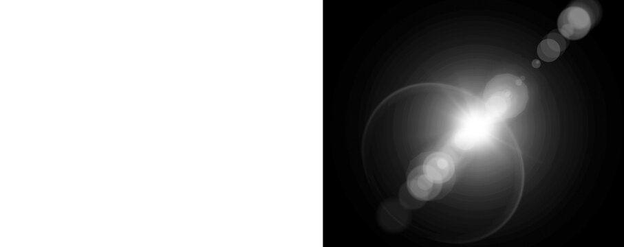 Glowing white light with bokeh effect on a dark background with lens flares and circles isolated on transparent background