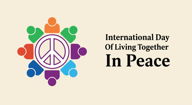 International Day of Living Together in Peace celebration poster with peace symbol and diverse colorful figures