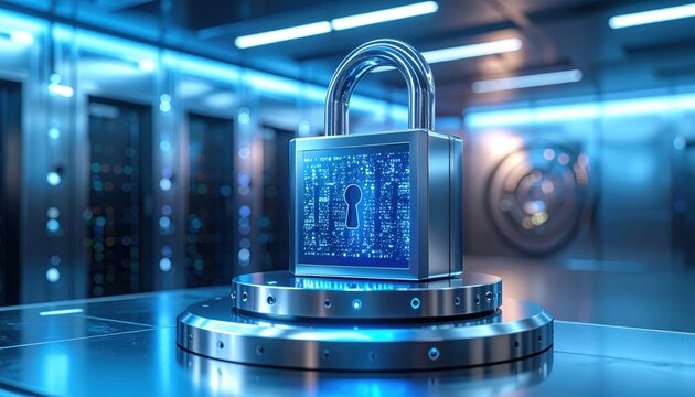 Secure digital padlock with binary code on a futuristic server platform representing cybersecurity and data protection