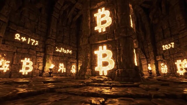 Mysterious Ancient Temple Filled with Glowing Bitcoin Symbols and Torches.