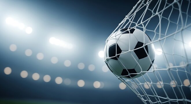 Soccer football goal black and white ball in net with stadium lights