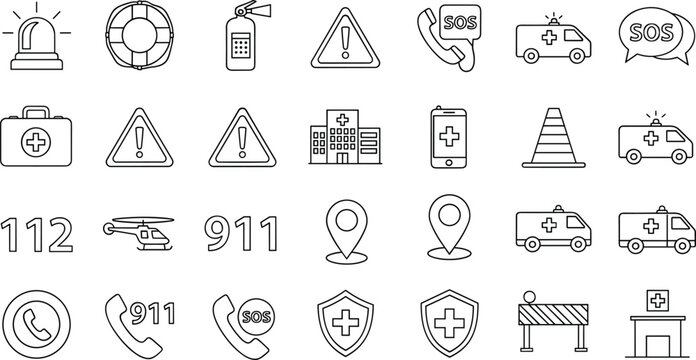 Emergency and Rescue Icon Set Featuring Ambulance, SOS, First Aid, 911, and Emergency Services for Healthcare and Safety Designs