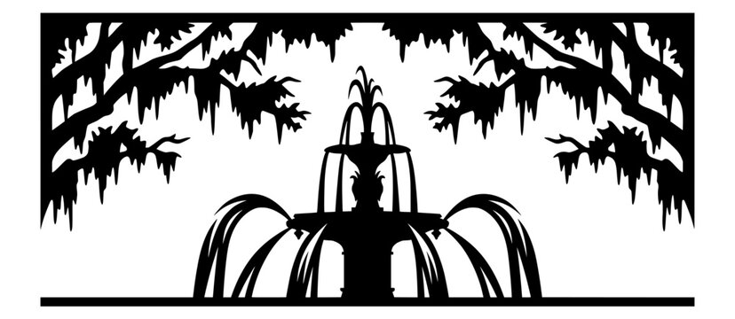 Forsyth Park Fountain Silhouette in Savannah Georgia with Spanish Moss Oak Tree Branches Vector Illustration