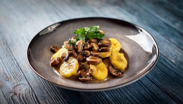 gourmet african dish with plantains and mushrooms