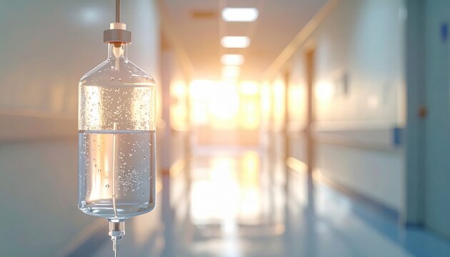 Intravenous IV bag with saline solution hanging in a bright, sunlit hospital corridor