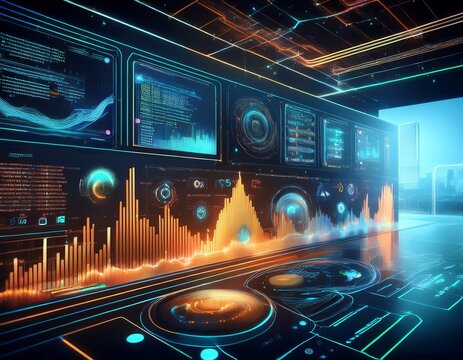 a clean digital dashboard interface displaying system analytics including network traffic visualization system load active nodes bandwidth core temperature and event logs