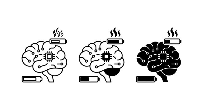 AI Brain Overheating Icons, Neural Network Processing, Digital Intelligence Heat Icons