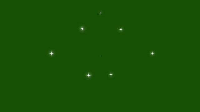 White glowing twinkle stars animation featuring sparkling glitter dust trails, retro vector doodle sparkles and magical particle burst effects on green screen background seamless loop