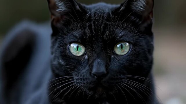 Close-up of a black cat with piercing green eyes staring directly at the viewer