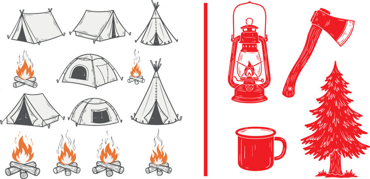 Hand-drawn vector camping elements including tents, campfires, lantern, axe, and tree. Ideal for outdoor adventure, wilderness exploration, and nature-themed designs