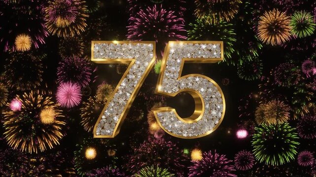 Grand 75th Anniversary Celebration Featuring Golden Diamond-Encrusted Numbers with Vibrant Multi-Colored Fireworks