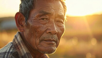 Sun-kissed, deeply lined face of an elderly Asian man, conveying wisdom and resilience in golden hour light.