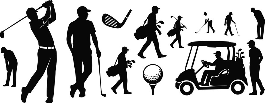 Golf Silhouette Vector Collection Featuring Players Swinging, Putting, Walking with Bags, Clubs, Ball, and Golf Cart Illustration