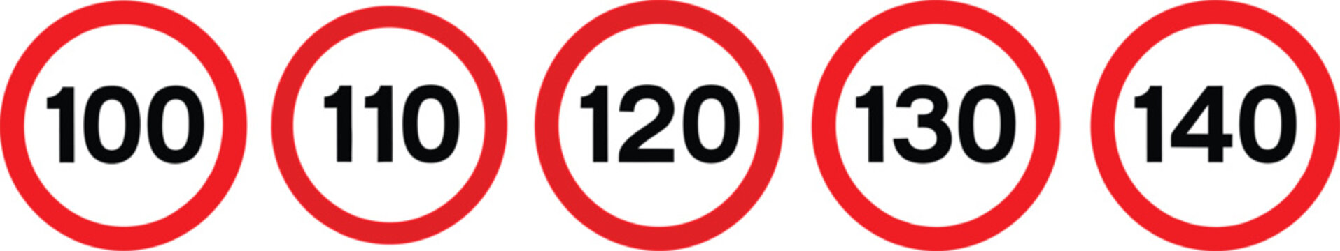 Five red speed limit signs with numbers 100 to 140 Vector