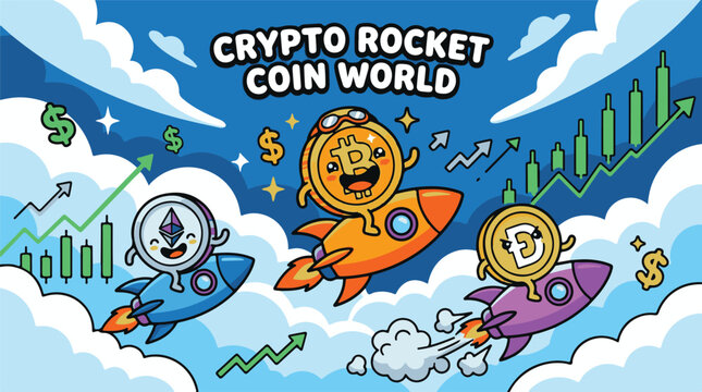 Crypto Rocket Coin World Concept with Cute Cartoon Bitcoin and Ethereum Characters Flying to the Moon