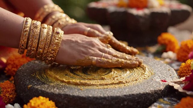 Woman's hands wearing golden bangles grinding turmeric paste on a traditional stone grinder, surrounded by marigold flowers, representing cultural rituals and natural ingredients